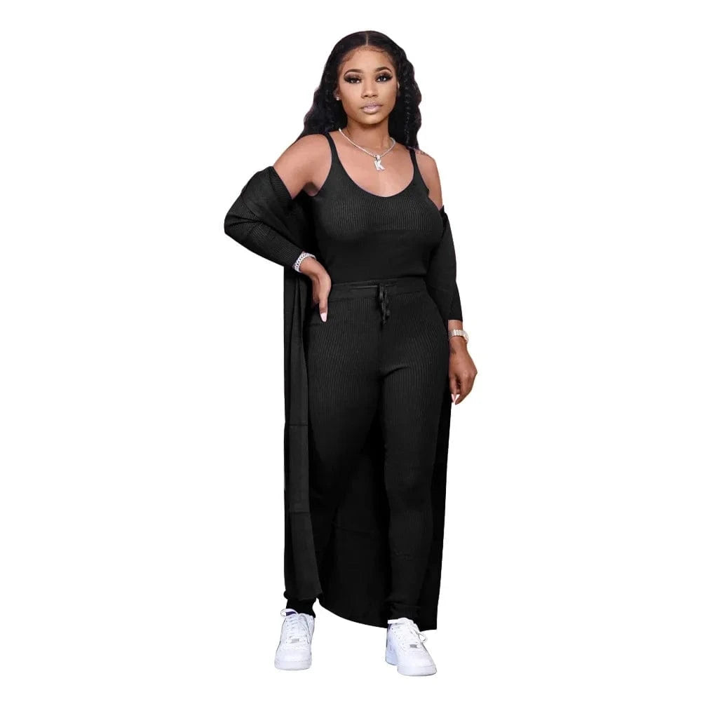 S / Black 3 Piece Cardigan Autumn Set Womens Clothing Two Piece Fashion 2 Piece Jogger Outfit Women Pant Sets Casual 3pc Fall Set Woman