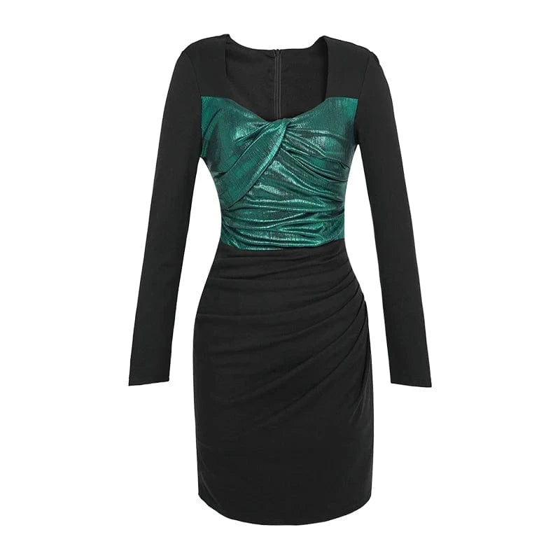 S / Black and Green ZYHT 30759 Full Sleeve Contrast Color Ruched Metallic Bodycon Dress Casual and Stylish Women's Mini Dresses