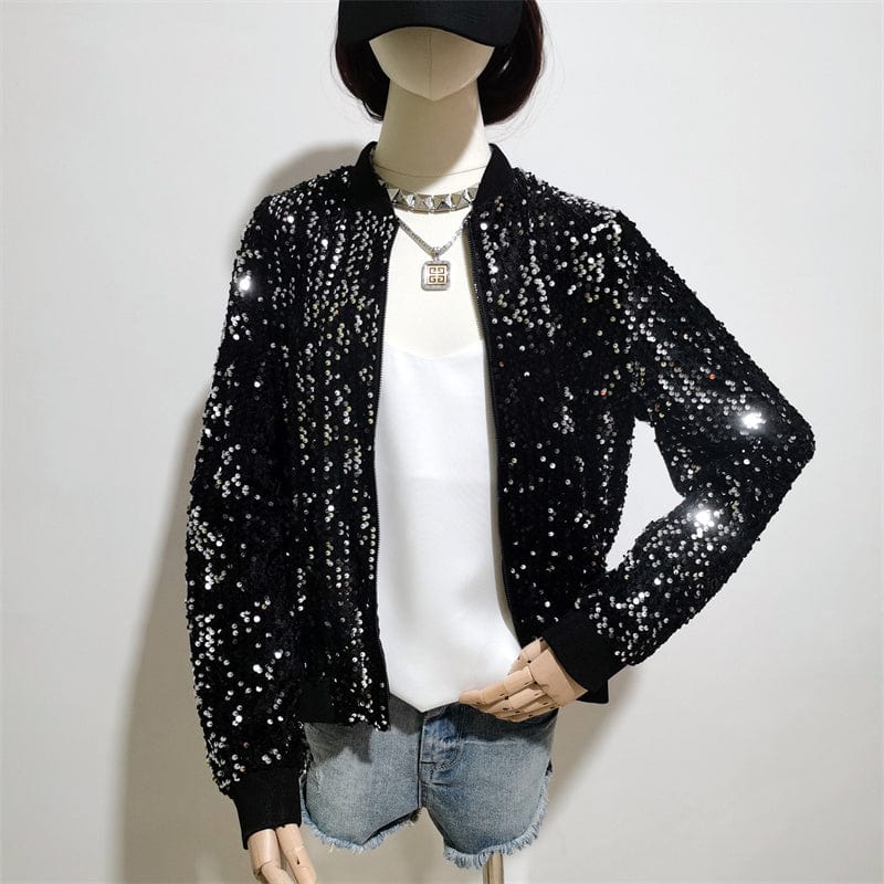 S / Black and white Spring High Quality Zipper Sequins Embroidery Jackets Casual Velvet Bomber Letterman Jacket Women