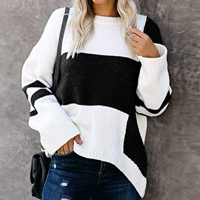S / black Autumn And Winter New Striped Retro European American Street Hipster Sweater Color Contrast Patchwork Round Neck Pullover