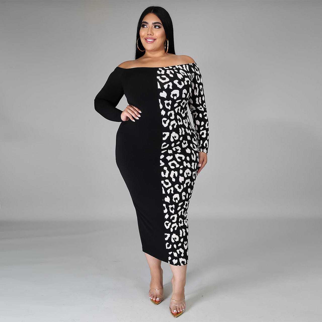 S / black Autumn Fashionable Off Shoulder Printed Patchwork Casual Dress Lady