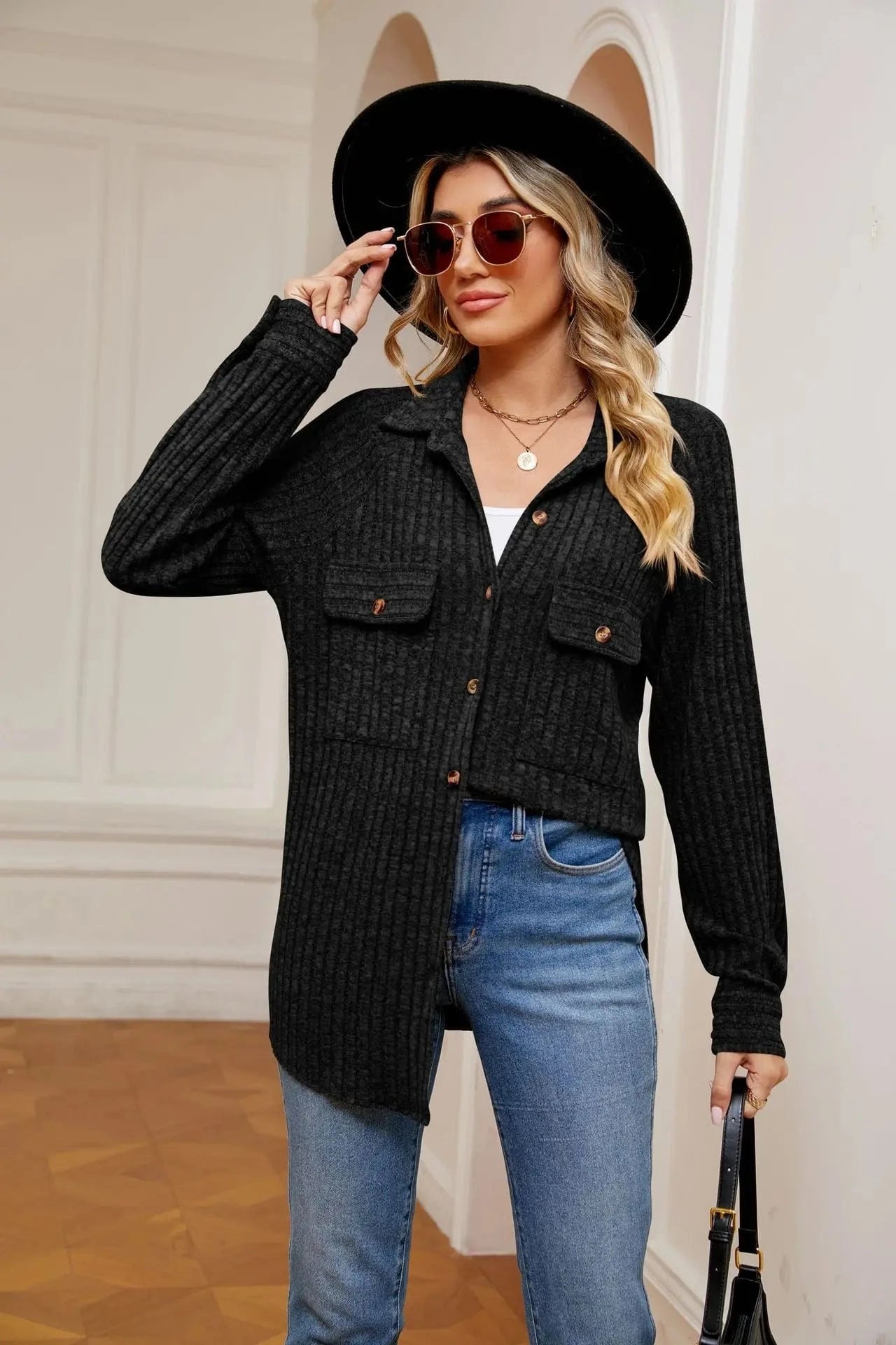 S / Black Autumn Long Sleeve Leisure Knitted Coat Turn-Down Collar Loose Button Pit Strip Open-front Cardigan Thin Jacket For Women