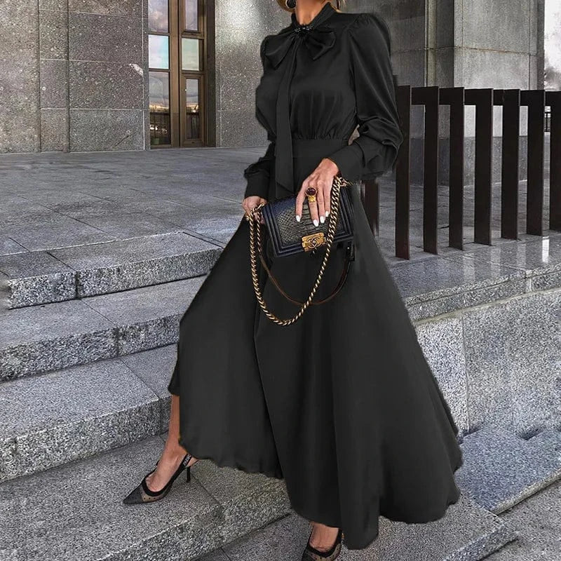 S / Black Autumn New Women's Long Sleeved Solid Color Dress Temperament Elegant Bowknot Ladies Maxi Long Dress
