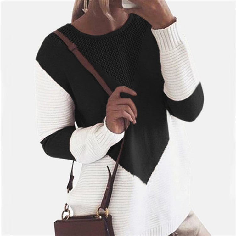 S / black Autumn Spring Winter Fashion Crew Neck Long Sleeve Patchwork Women Casual Sweater