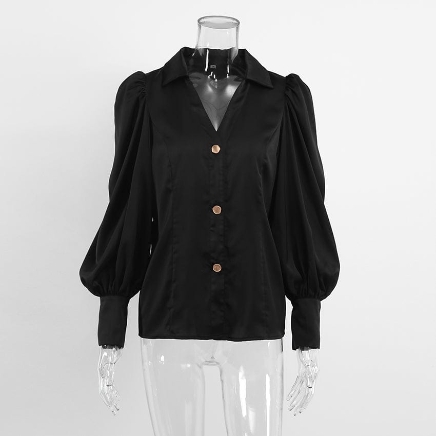 S / black Bclout/QINSI Button Frill Tops Office Ladies Spring 2023 Chic Pleated Elegant Ladies Black Shirts  Lantern Sleeves Women Blouses