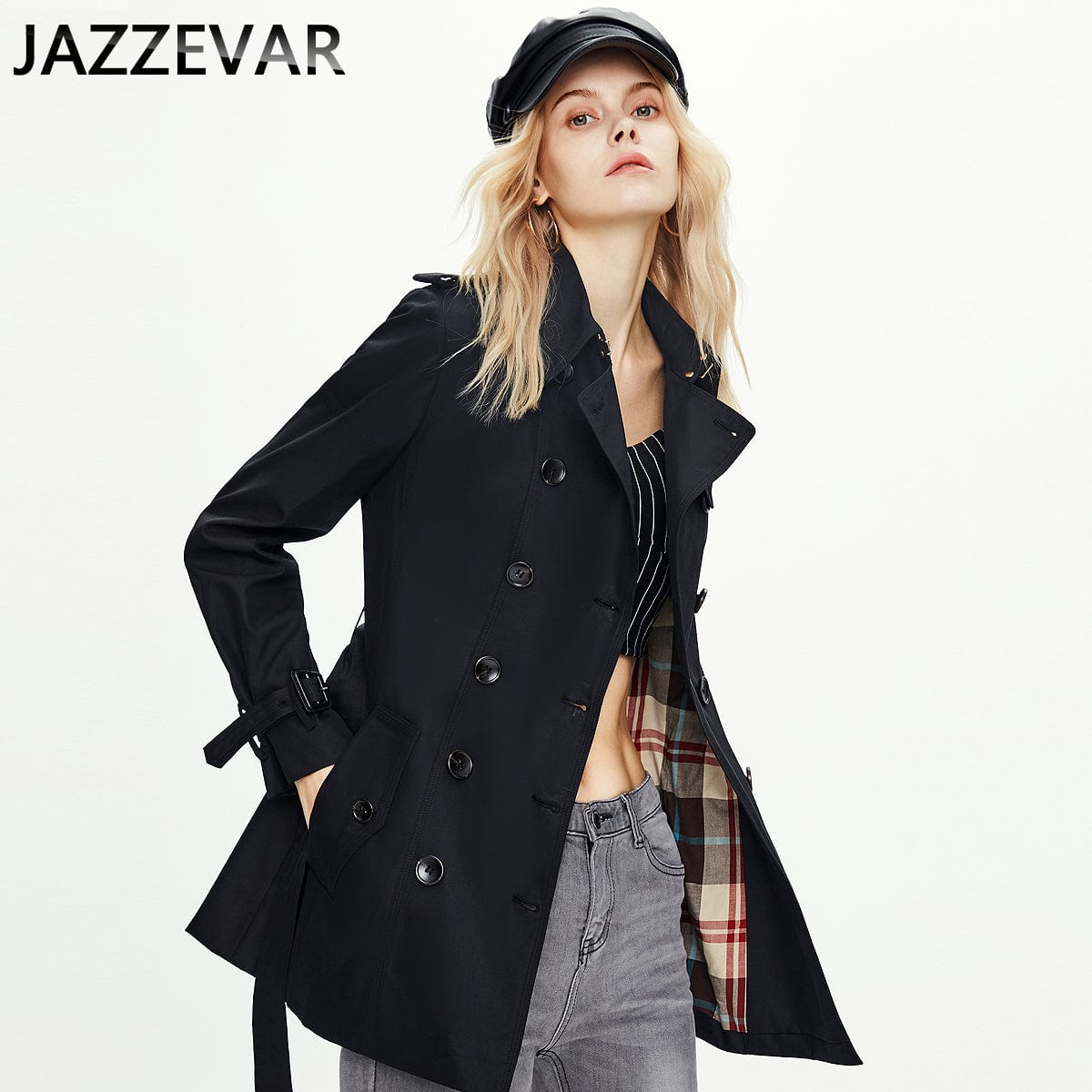 S / black Black short professional casual autumn and winter women's coat trench coat British double breasted 82012
