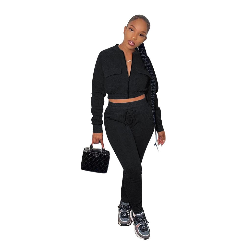 S / black C1101TA93 New Arrival Casual Solid Color Zipper Sport Two Piece Pants Set Women Sehe Fashion