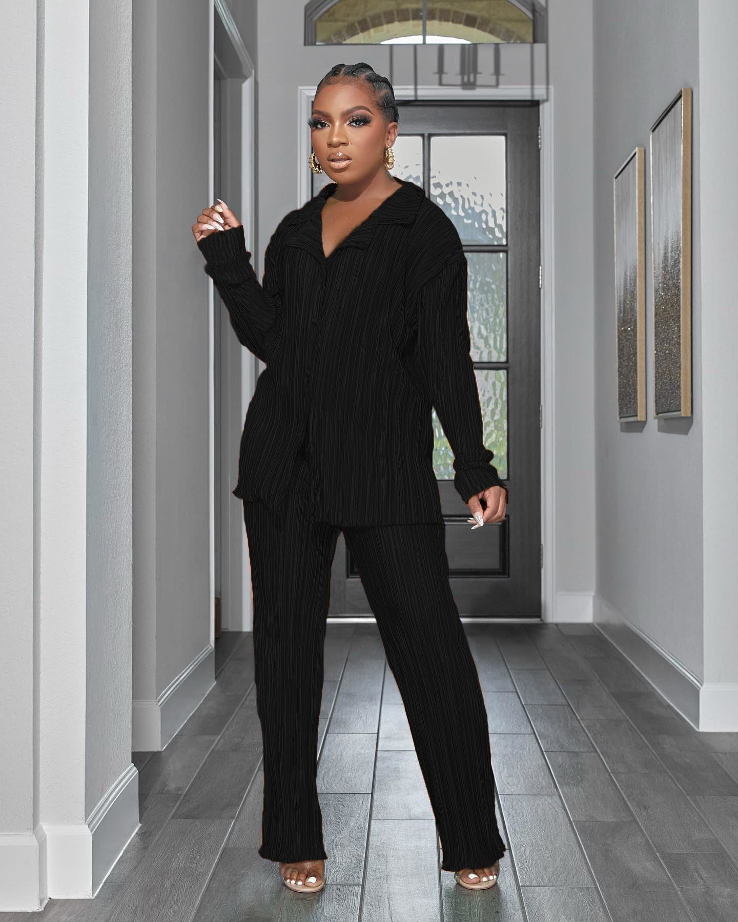 S / black C1103TA70 Dropshipping Casual Solid Color Autumn Shirt 2 Piece Pants Set Women Sehe Fashion