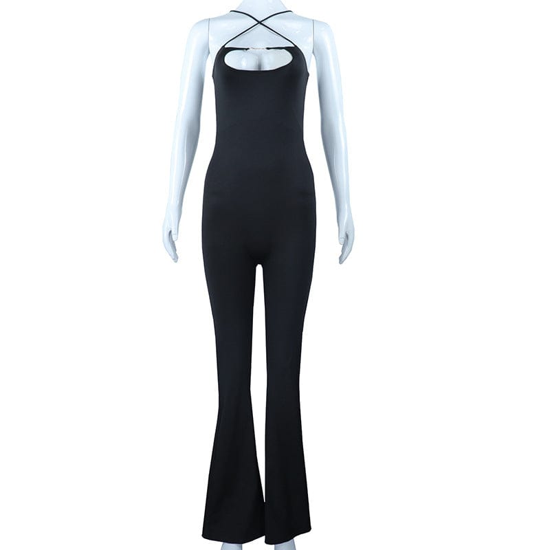 S / black C1418 Autumn 2022 solid halter hollow out tight hip workout flare jumpsuits for women