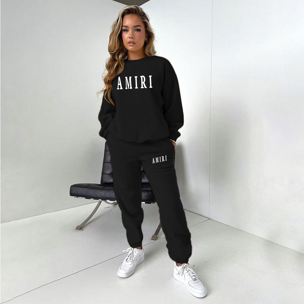 S / black C1575 Spring 2023 Letter Print Tracksuit Round Neck Long Sleeve Sweater Outfits Two Piece Set