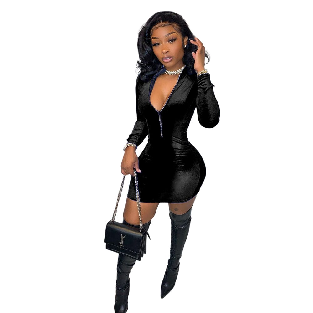 S / black Casual Dress Boutique Clothing Women Solid Color Blue Velvet Zipper Fashion Mini Dress