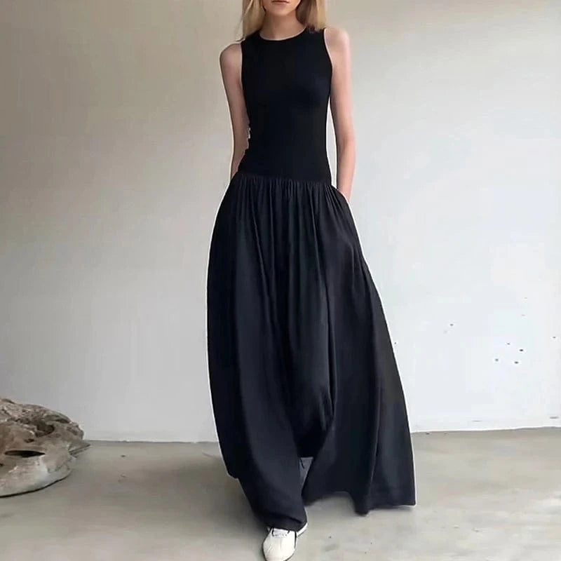 S / Black CHICEVER Casual Elegant Round Neck Sleeveless High Waist Spliced Pockets Lady Women Long Dresses