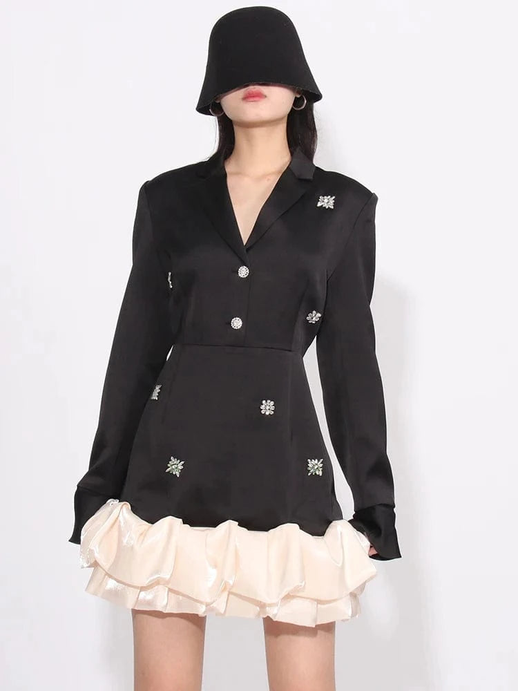 S / Black CHICEVER Casual Lapel Long Sleeve High Waist Patchwork Diamonds Colorblock Dresses For Women