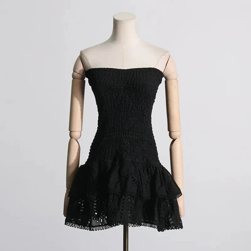 S / Black CHICEVER Elegant Dresses Casual Strapless Sleeveless High Waist Spliced Ruffles Hem Women Cotton Mini Summer Dress Woven Simple