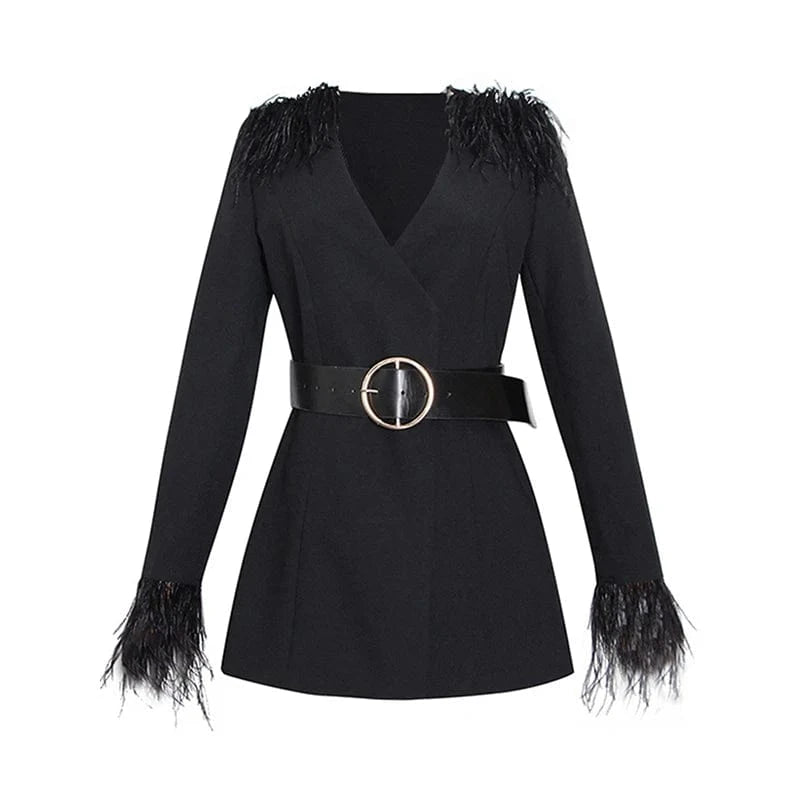 S / Black CHICEVER Elegant Lady Patchwork Feathers V Neck High Waist Women Dresses Black Dress
