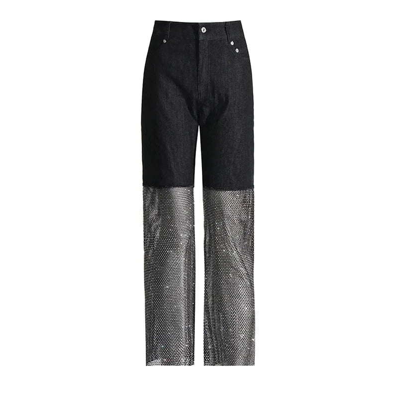S / Black CHICEVER Fashion Spliced Mesh High Waist Patchwork Diamonds Jeans Pants For Women 2023