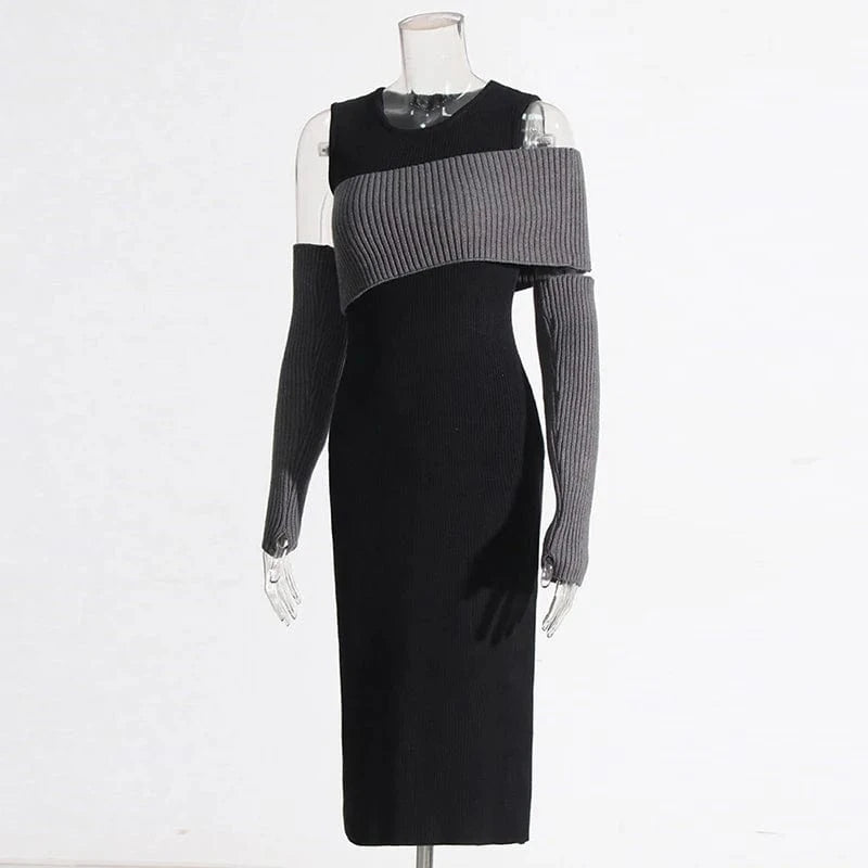 S / Black CHICEVER Fashionable Long Sleeve Round Neck Slim High Waist Knit Long Dresses For Women