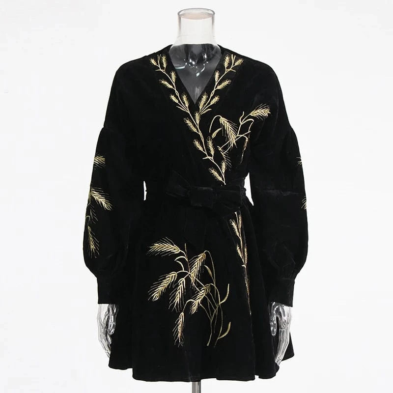 S / Black CHICEVER Fashionable Mini Cotton Material V Neck Long Sleeve Dresses For Women 2023