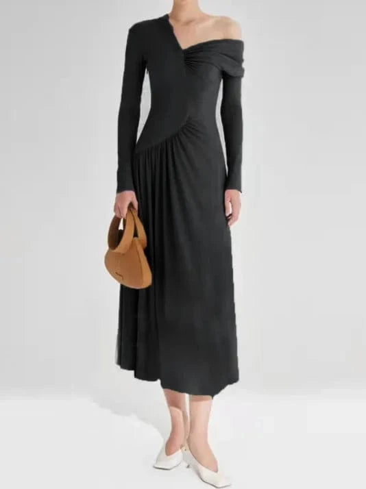 S / Black CHICEVER Fashionable Slim Long Dresses Solid Color V Neck Long Sleeve Dress For Women