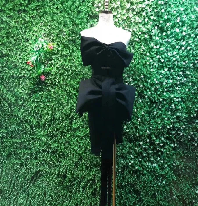 S / Black CHICEVER High Quality Solid Color Patchwork Bowknot Top Strapless Women Two Piece Skirt Set