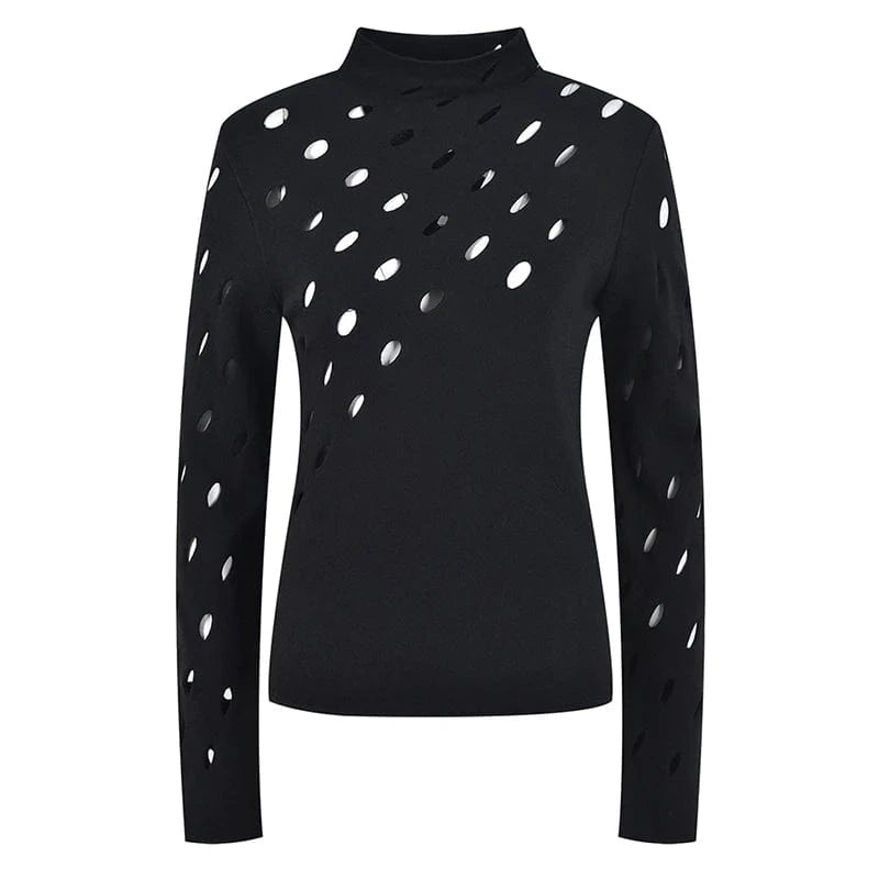 S / Black CHICEVER Hollow Out Round Neck Long Sleeve Patchwork Folds Knit Sweaters For Women 2023