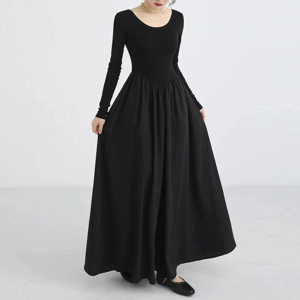 S / Black CHICEVER Ladies Round Neck Long Sleeve High Waist Long Sleeves Dresses Woman Long Dress