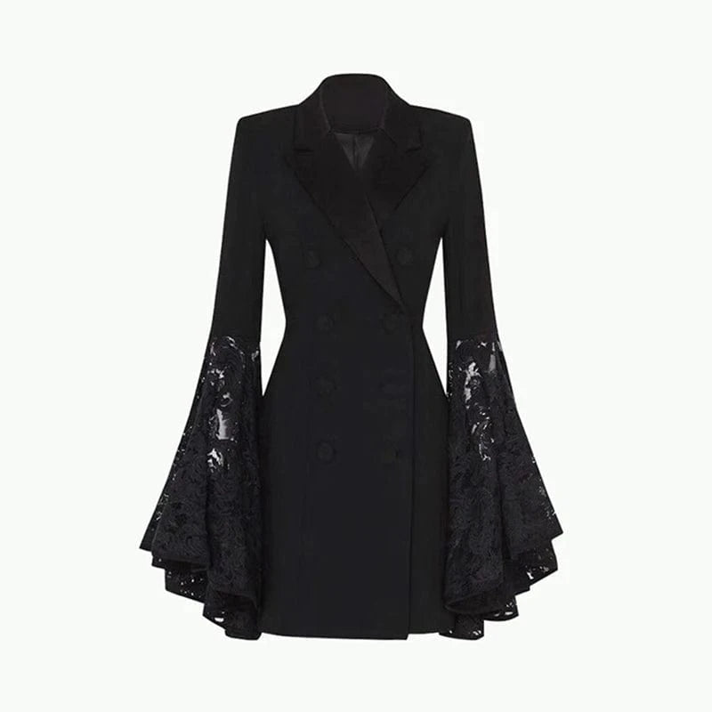 S / Black CHICEVER Notched Collar Flare Sleeve Spliced Button Winter Jackets For Women 2023