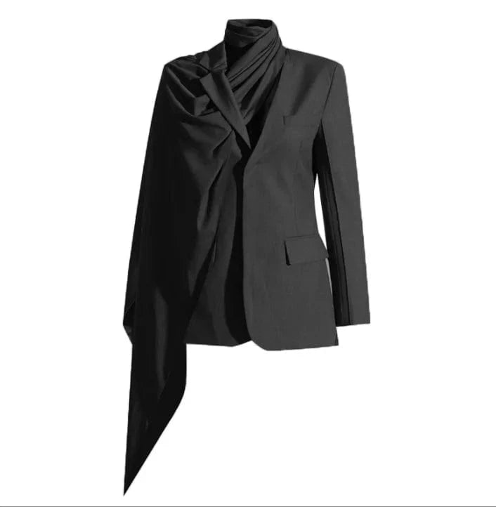 S / Black CHICEVER Notched Collar Long Sleeve Patchwork Pockets Asymmetrical Blazers Warm Winter Jacket Woman 2023