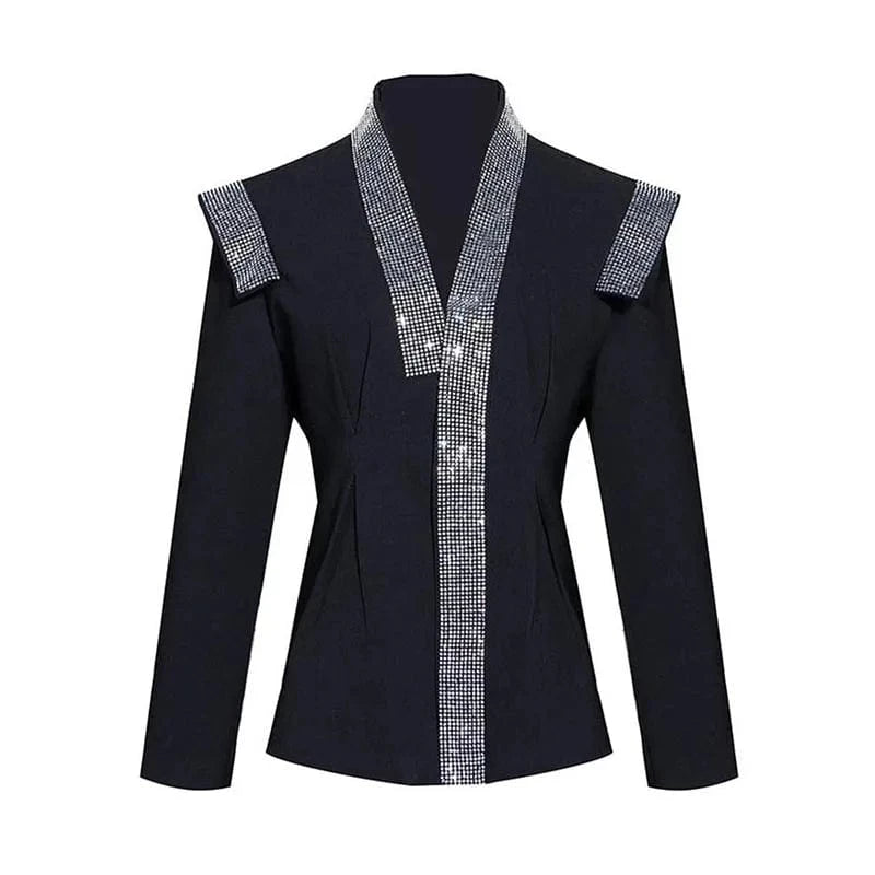 S / Black CHICEVER Patchwork Diamond Notched Collar Long Sleeve Blazer Jackets For Women 2023
