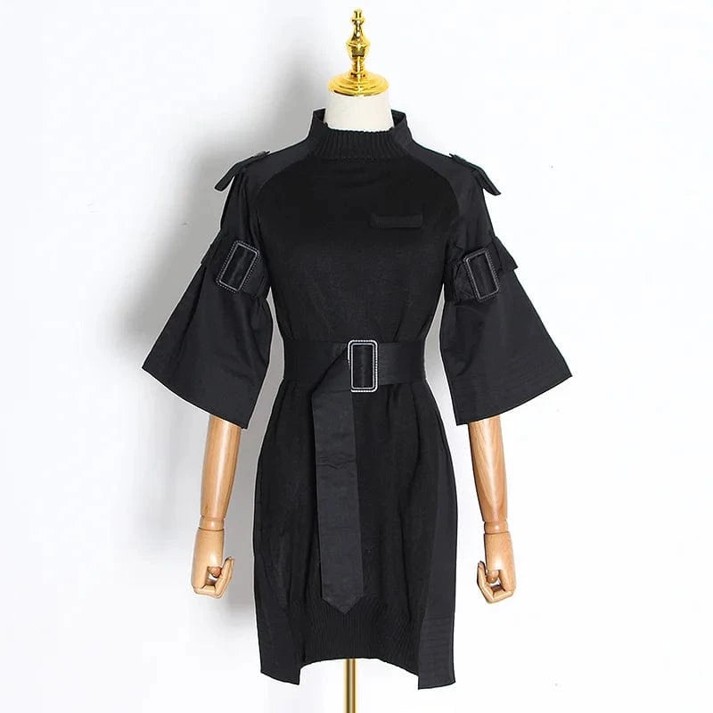 S / Black CHICEVER Women Dresses Belted Buckle Gather Waist Half Sleeve Slimming Mini Dress For Women