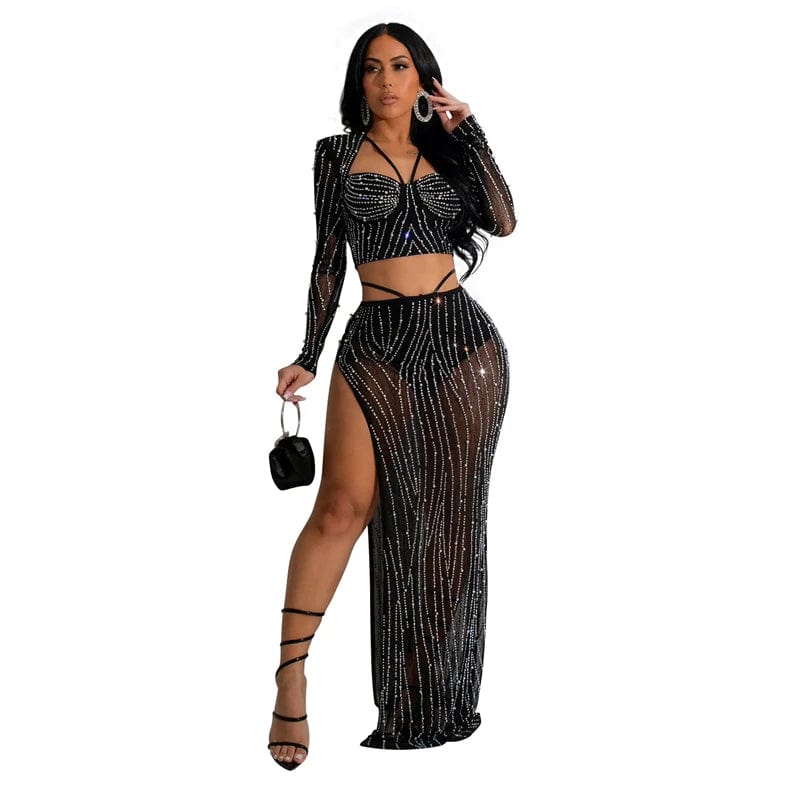 S / Black classic luxury elegant sexy transparent bead 2 piece long skirt set maxi party evening dress with rhinestone stones for wedding