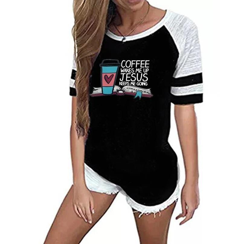 S / black Coffee Wakes Me Up Jesus Keeps Me Going Letters Print T-Shirt Harajuku Summer Women T-shirt Stitching Color Loose Kawaii T-shirt