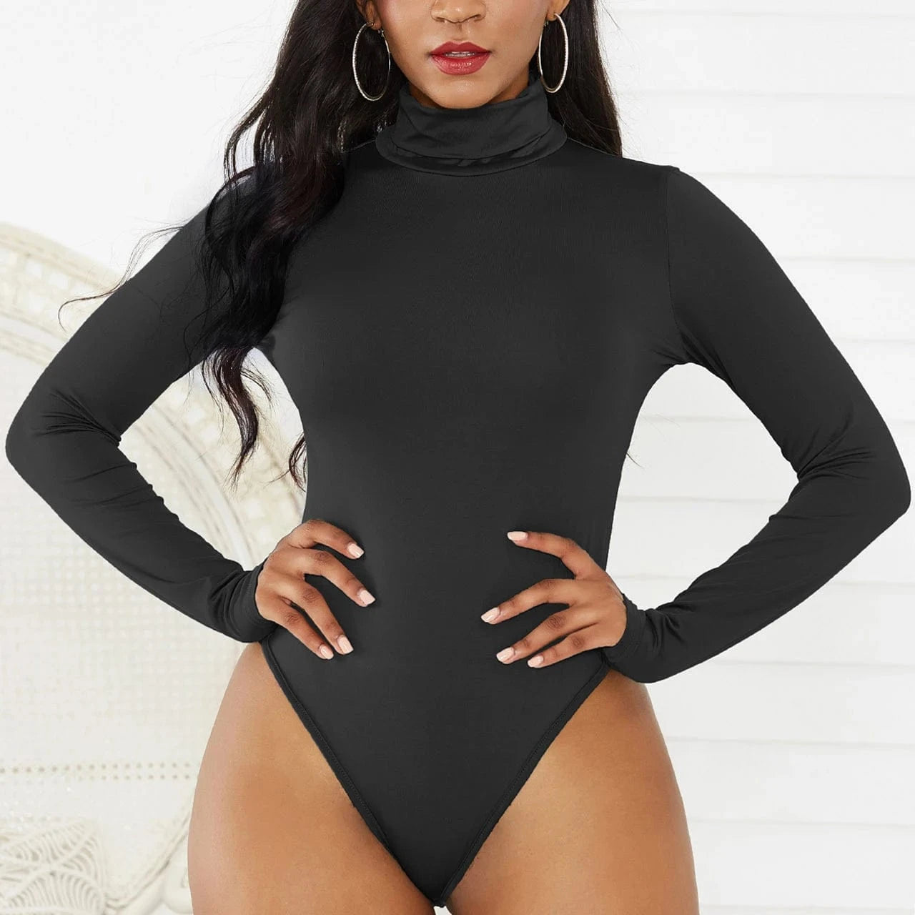 S / Black Custom Logo Spring Clothes Knit Long Sleeve Bodysuit Women Turtleneck Solid Color Bodycon Female Women's Jumpsuits Playsuits