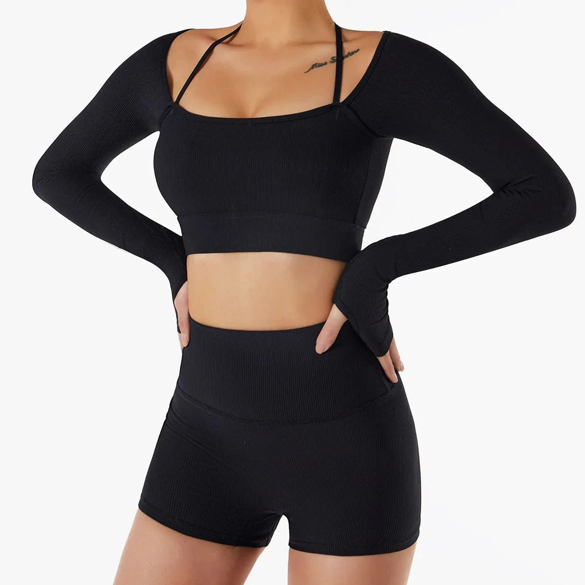 S / Black Custom Long Sleeve Ribbed Yoga Set Two Piece Biker Shorts Fitness Workout Gym Set Seamless Active Wear for Women