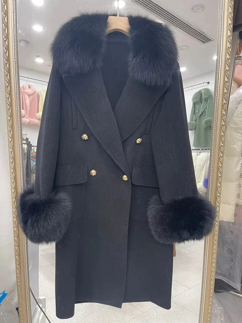 S / Black Double Sided Cashmere Coat Real Fox Fur Collar Cuffs Double Breasted Handmade Wool Coat