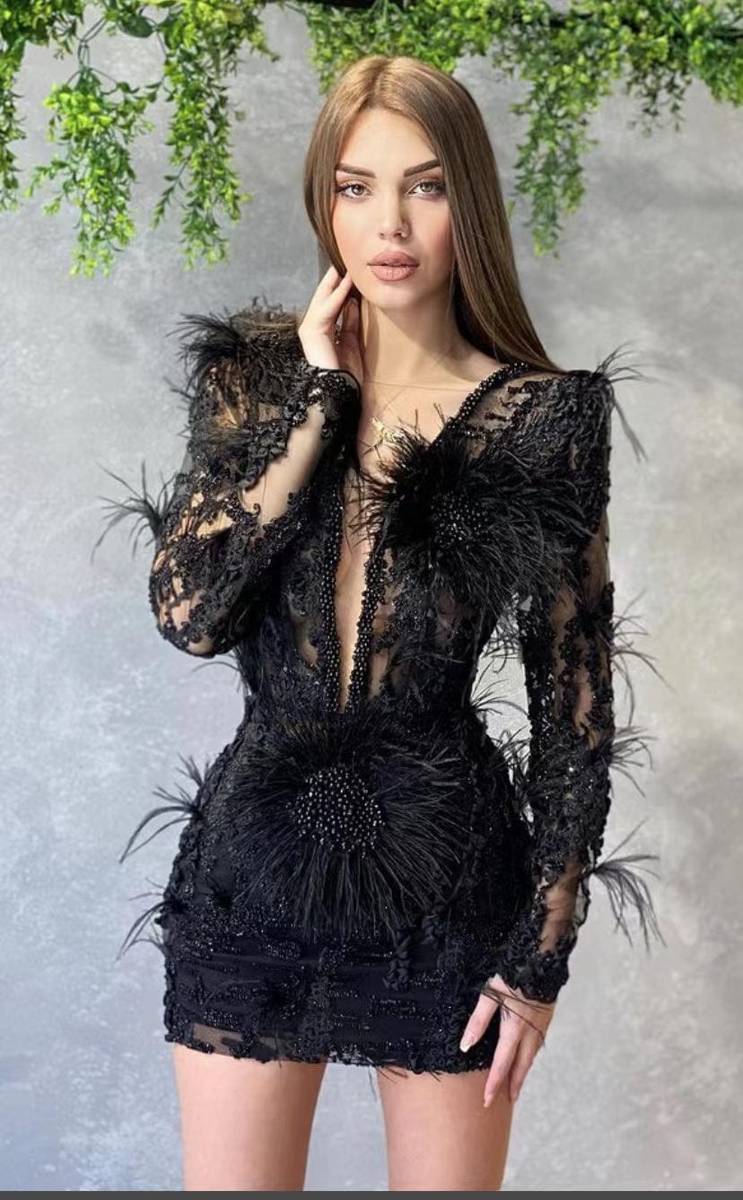 S / black ED2166 Custom High Quality Embroidery Lace Sequin Beading Black Evening Dress With Feathers Gowns For Women