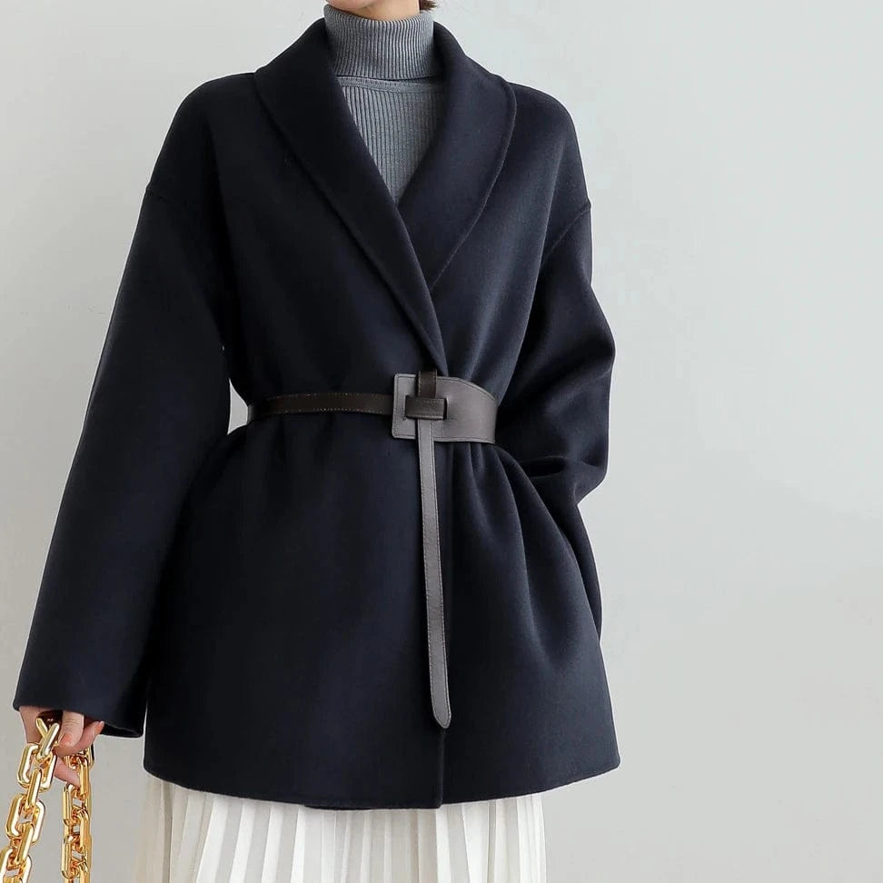 S / Black Elegant Ladies Turn Down Collar Cashmere Coat Fashion Loose Women Belted Wool Coat