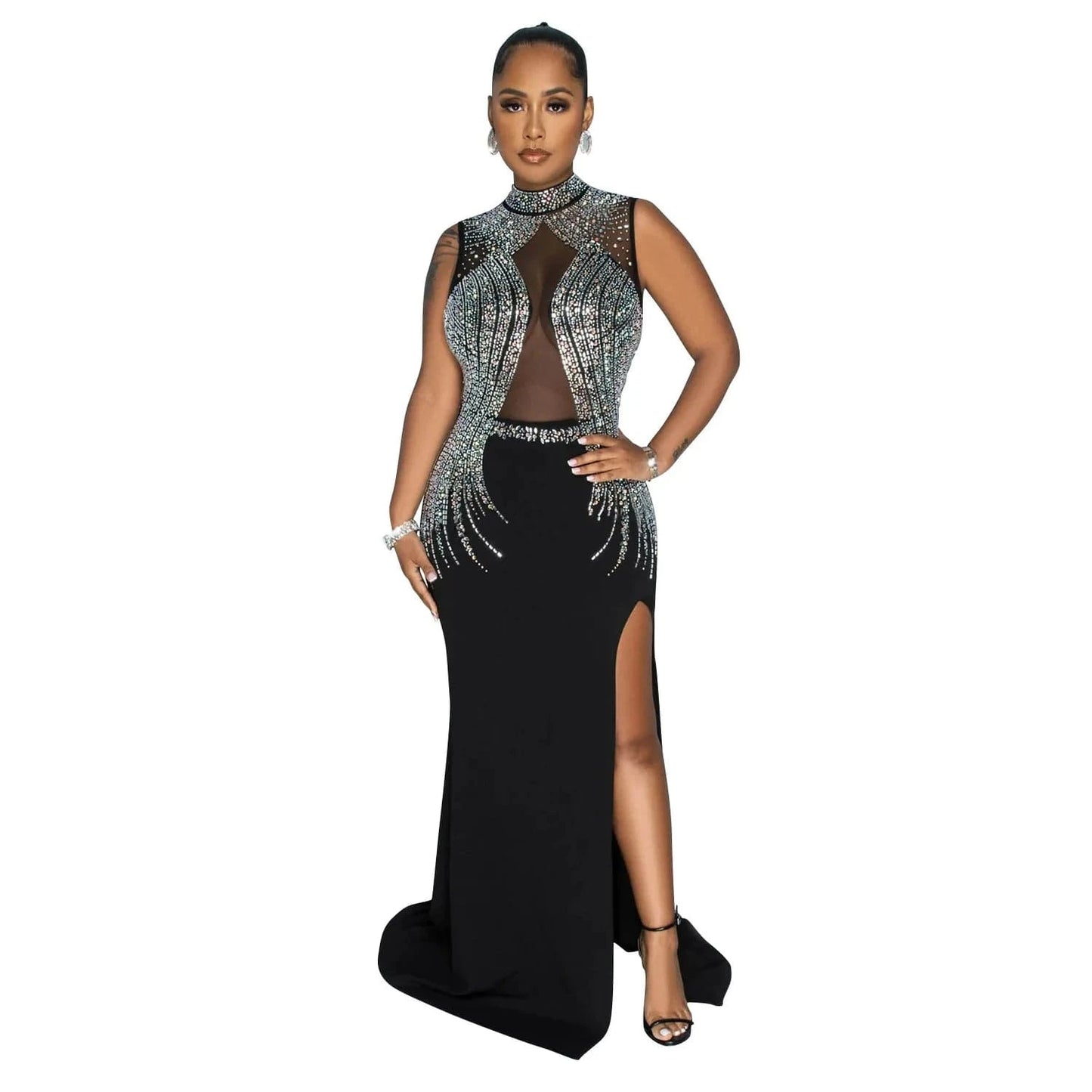 S / Black European and American fashion women's solid color mesh hot diamond slit long skirt dress