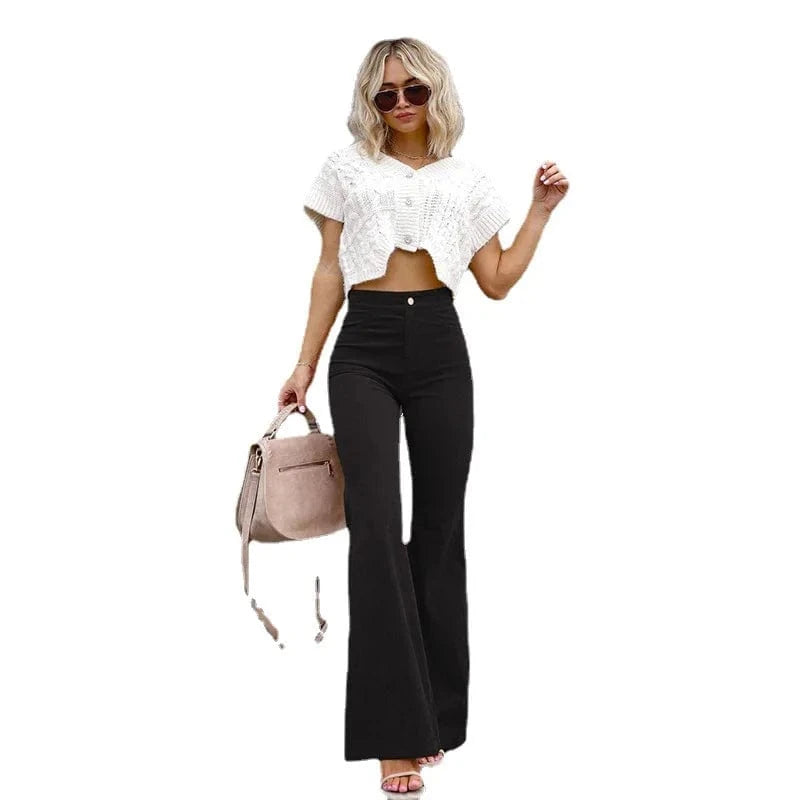 S / Black European and American women's 2023 Autumn and Winter pure color Mid-waist Slim-fit micro flared pants corduroy casual pants