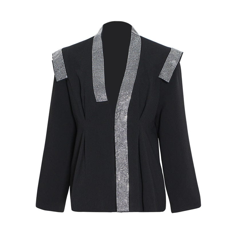 S / black Fall autumn clothing shoulder padded women black blazer jacket casual ladies fashion unique rhinestone blazer