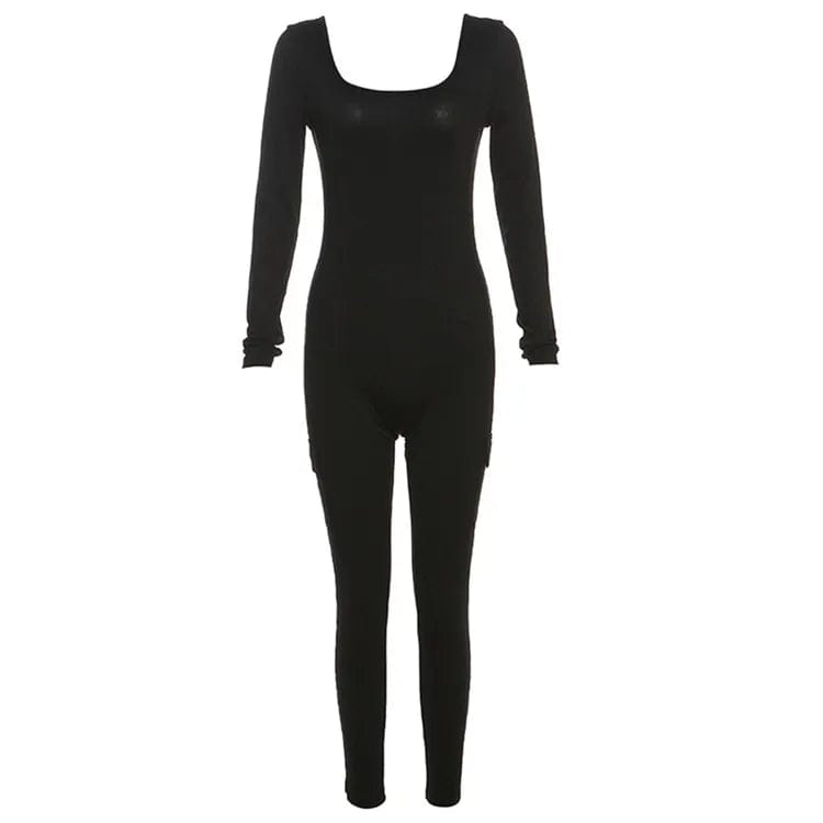 S / Black Fall Ribbed Jumpsuit Women Pants 2023 One Piece Casual Outfits O Neck Long Sleeve Bodycon Jumpsuit