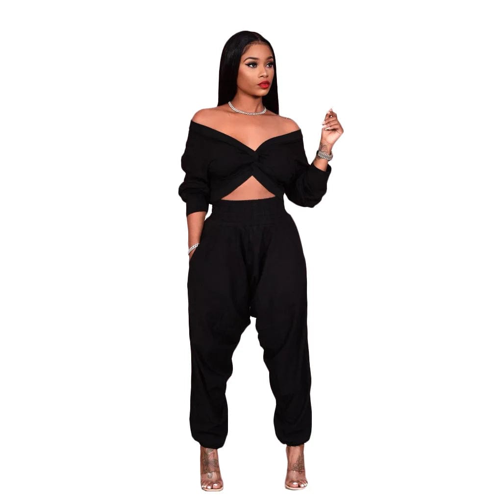S / Black Fall Solid Long Sleeve Crop Tops Harem Pants Women's Loose Outfits Sexy Ladies Two Piece Pants Set With Pocket
