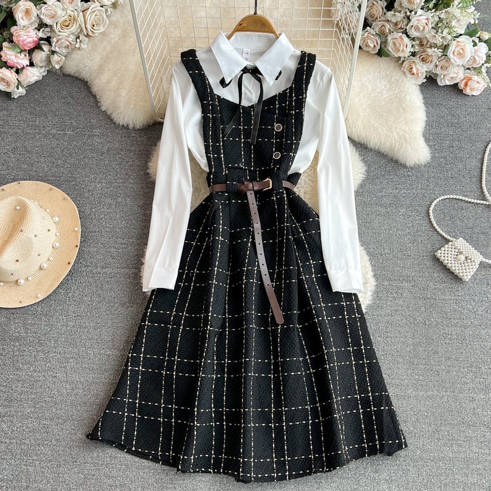 S / Black Fall Winter Korean Version Age-Reducing Sweet White Shirt Two-Piece Set Medium Length A-Word Tweed Dress