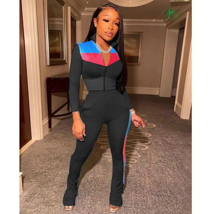 S / Black Fall Winter Women Track Suits Two Piece Pants Sets Pockets Sweatpants Full Zip Up Sweatshirt 2 Pcs Jogger Outfits