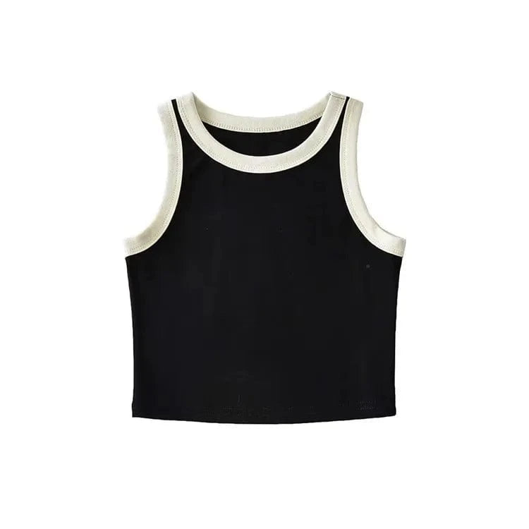 S / Black Fashion Contrast Color 4 Color Wide Strap Crew Neck Sleeveless Pullover Cute Crop Top for Women