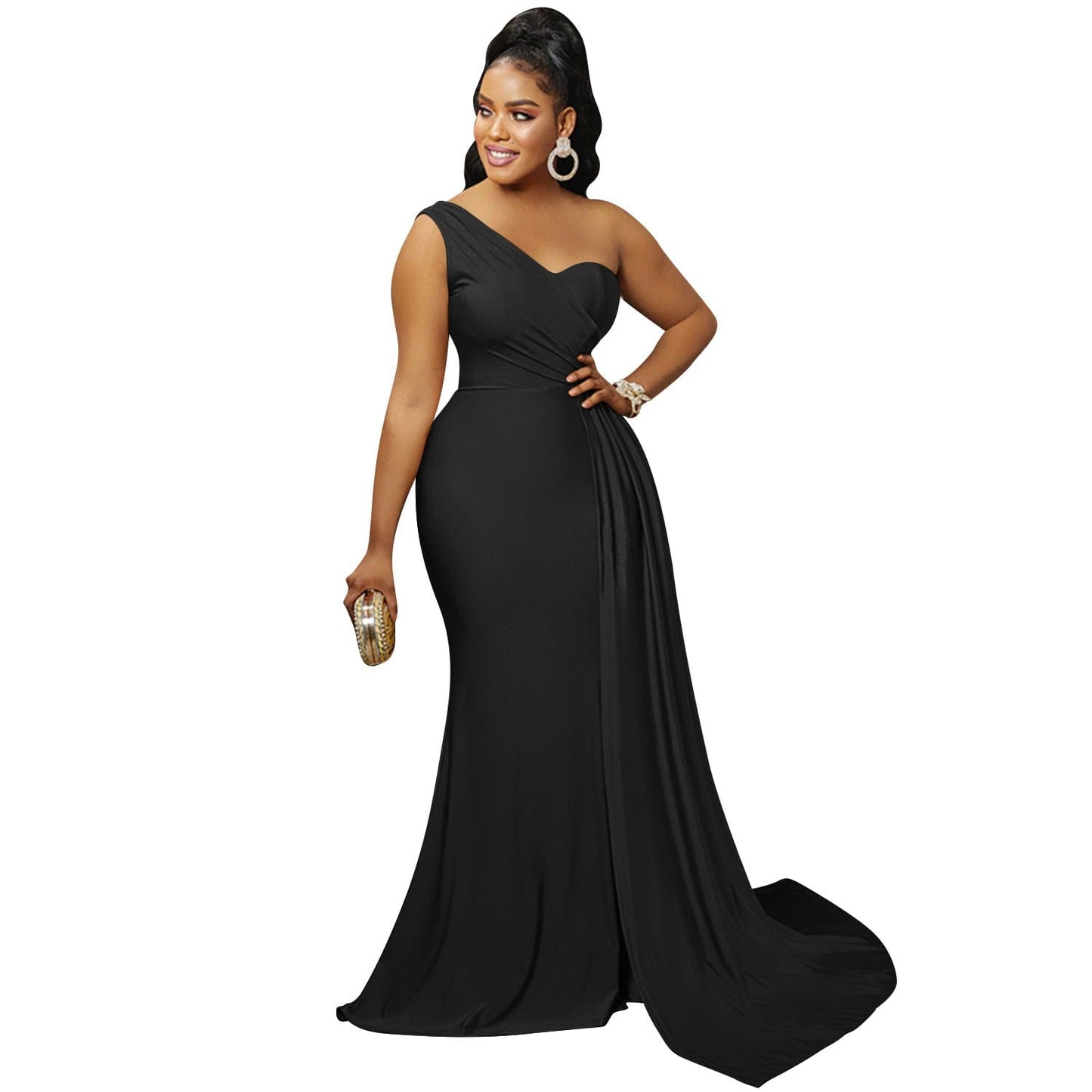 S / black Fashion Solid Bridesmaid Dresses One Shoulder Sleeve Ladies Elegant Wedding Party Skinny Long Prom Evening Dress Women