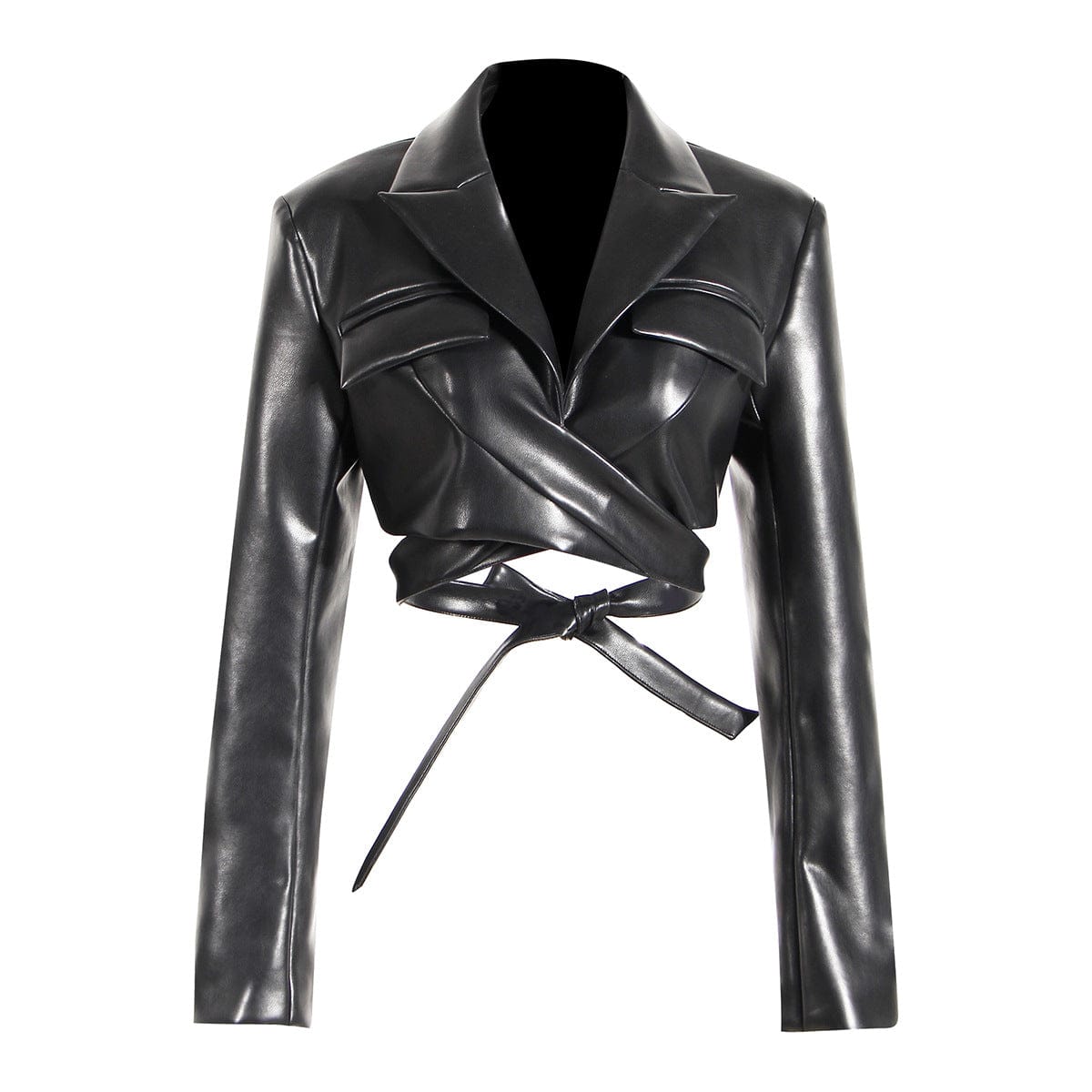 S / Black Fashion women leather jacket solid color long sleeve PU leather jacket short women's coats