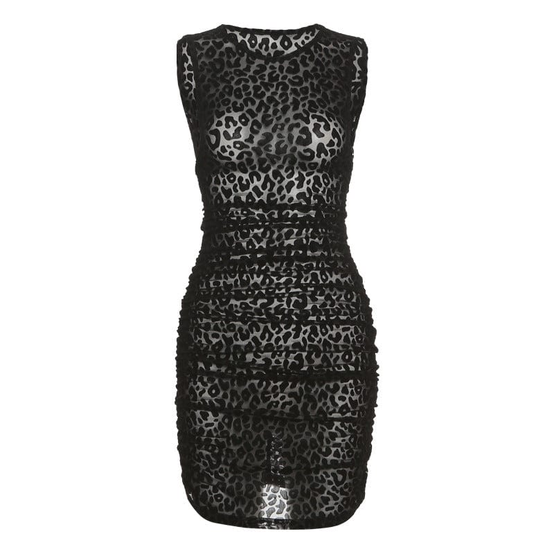 S / black Free shipping Fashion Female Leopard Mini Dress Printed Hollow Out Casual Streetwear Clubwear Evening Dress