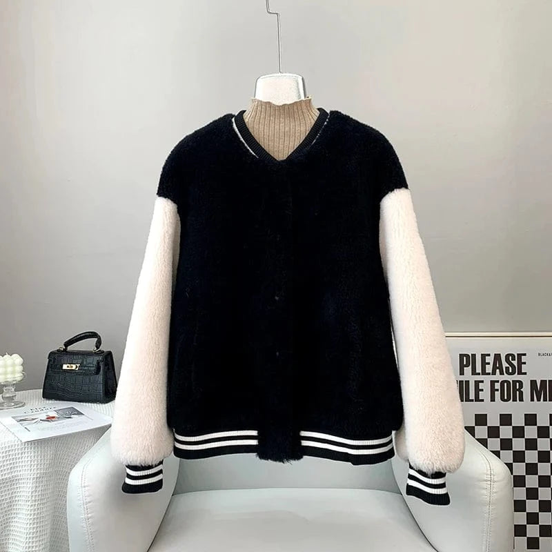 S / Black Girl's Sheep Shearling Baseball Warm Coats Female Lamb Wool Fur Sporty Jacket Winter Overcoat JT3268