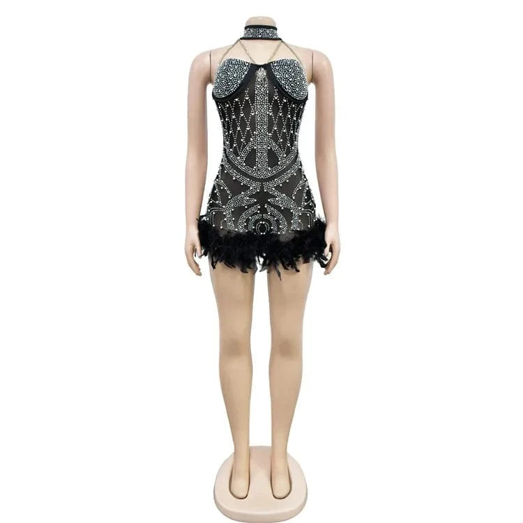 S / Black Halter Neck Crystal Mesh Romper Dress Glam Feather Patchwork Rhinestone Bodysuits Jumpsuits